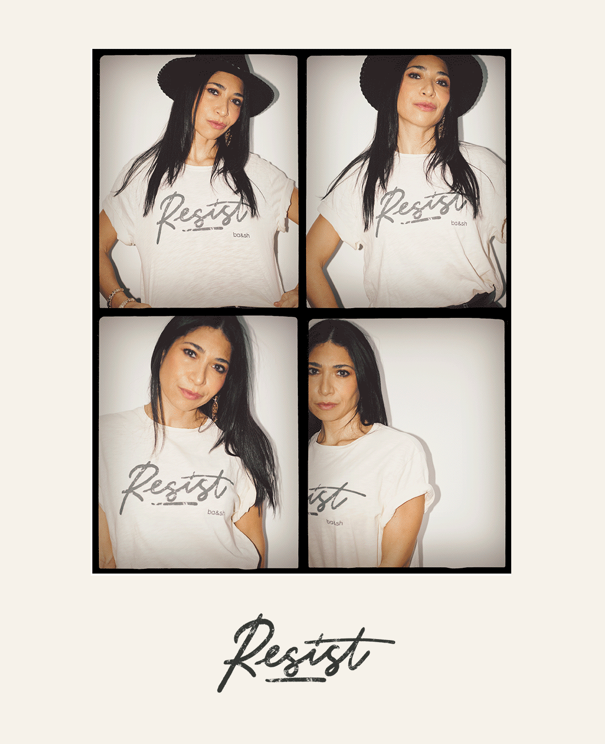 A GIF showing women and men wearing T-shirts with the Resist logo
