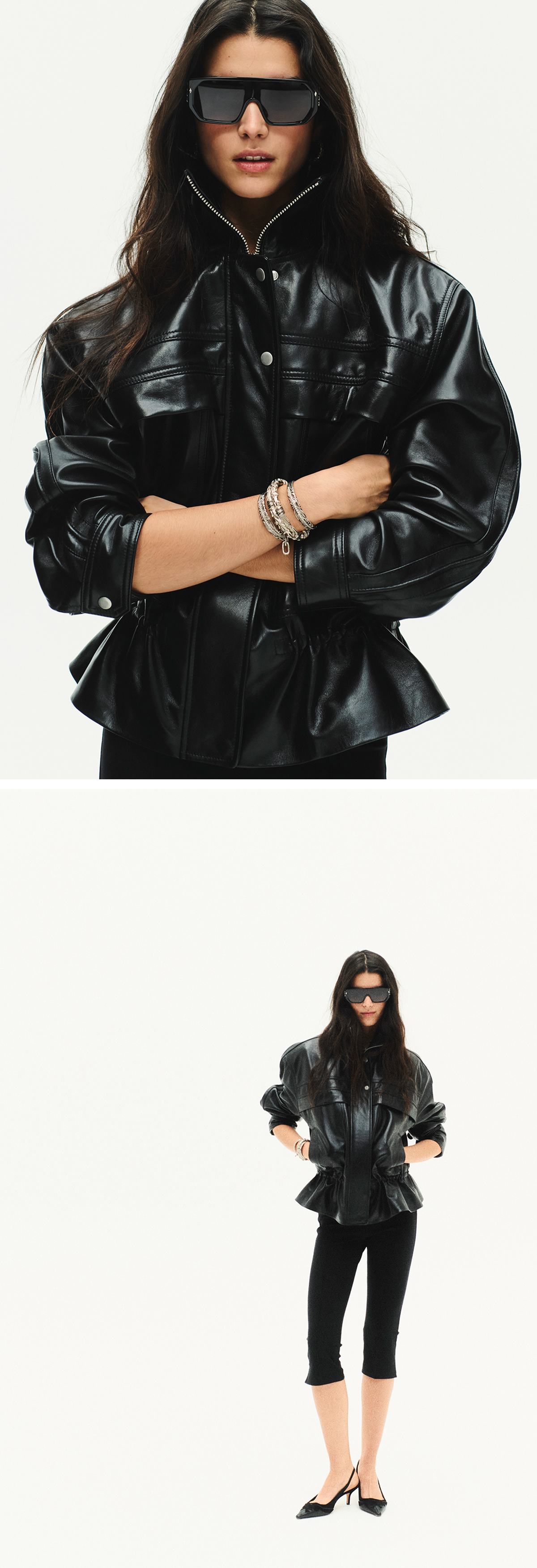 a model wearing a black leather jacket and sunglasses