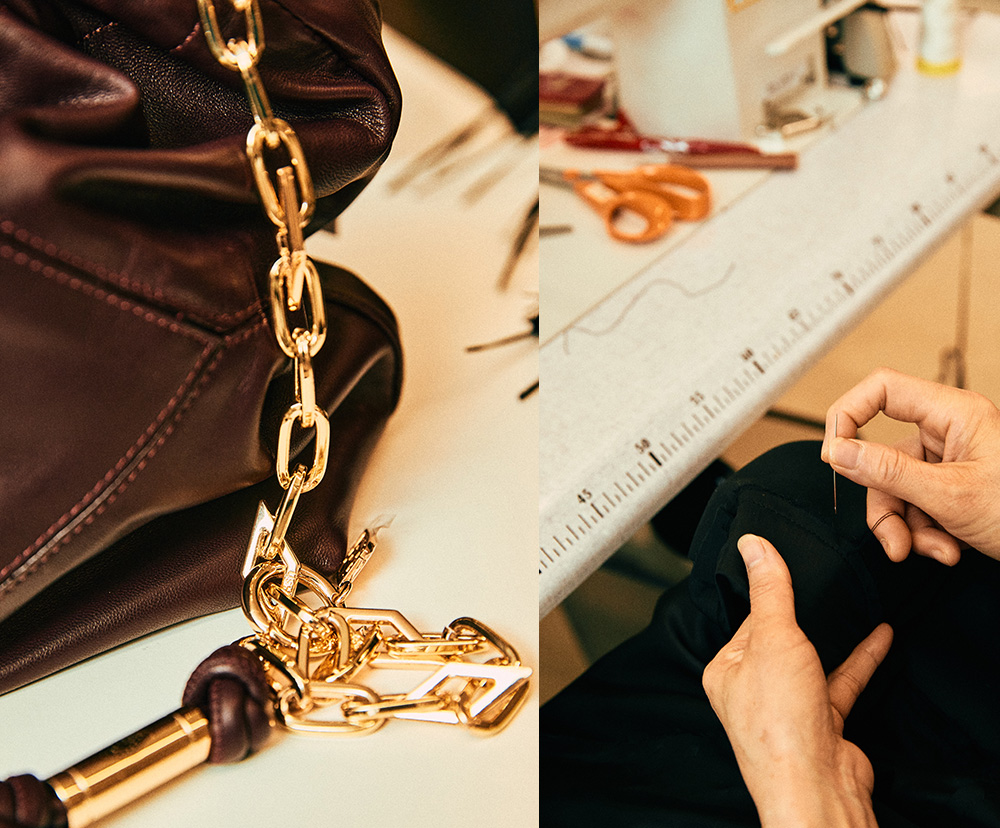 Image divided into three parts: a person cutting out a pattern, a June tote bag, and a seamstress using a ruler to measure.