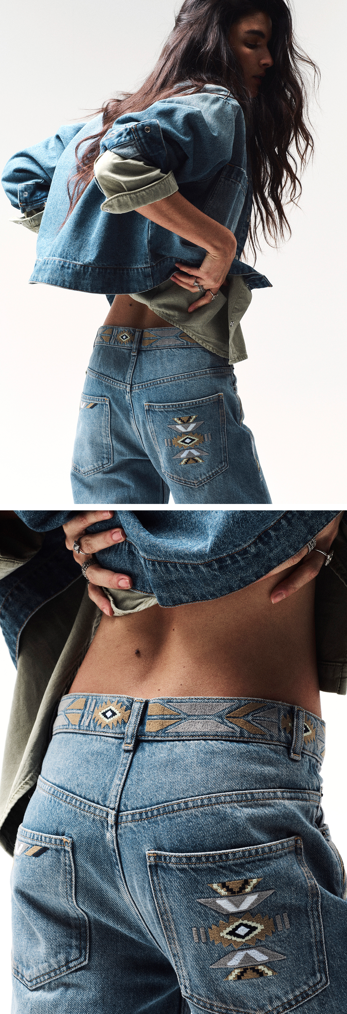 a model wearing blue jeans and a blue jacket